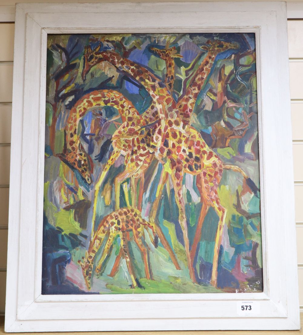 Henry Sanders (1918-1982), oil on board, Study of giraffes, signed and indistinctly dated, 60 x 50cm